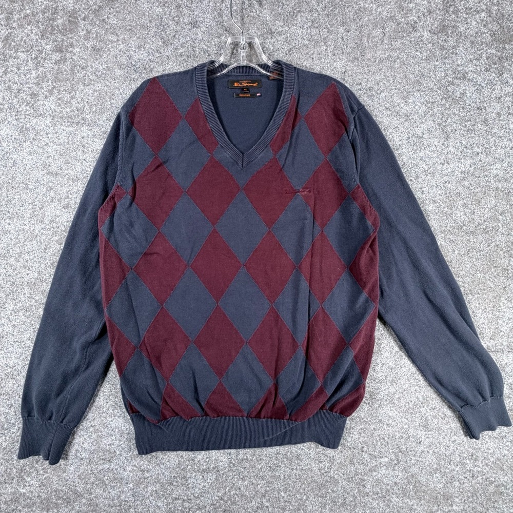 Ben Sherman Signature Sweater Mens XL Multicolor Argyle Cotton Tight Knit V Neck